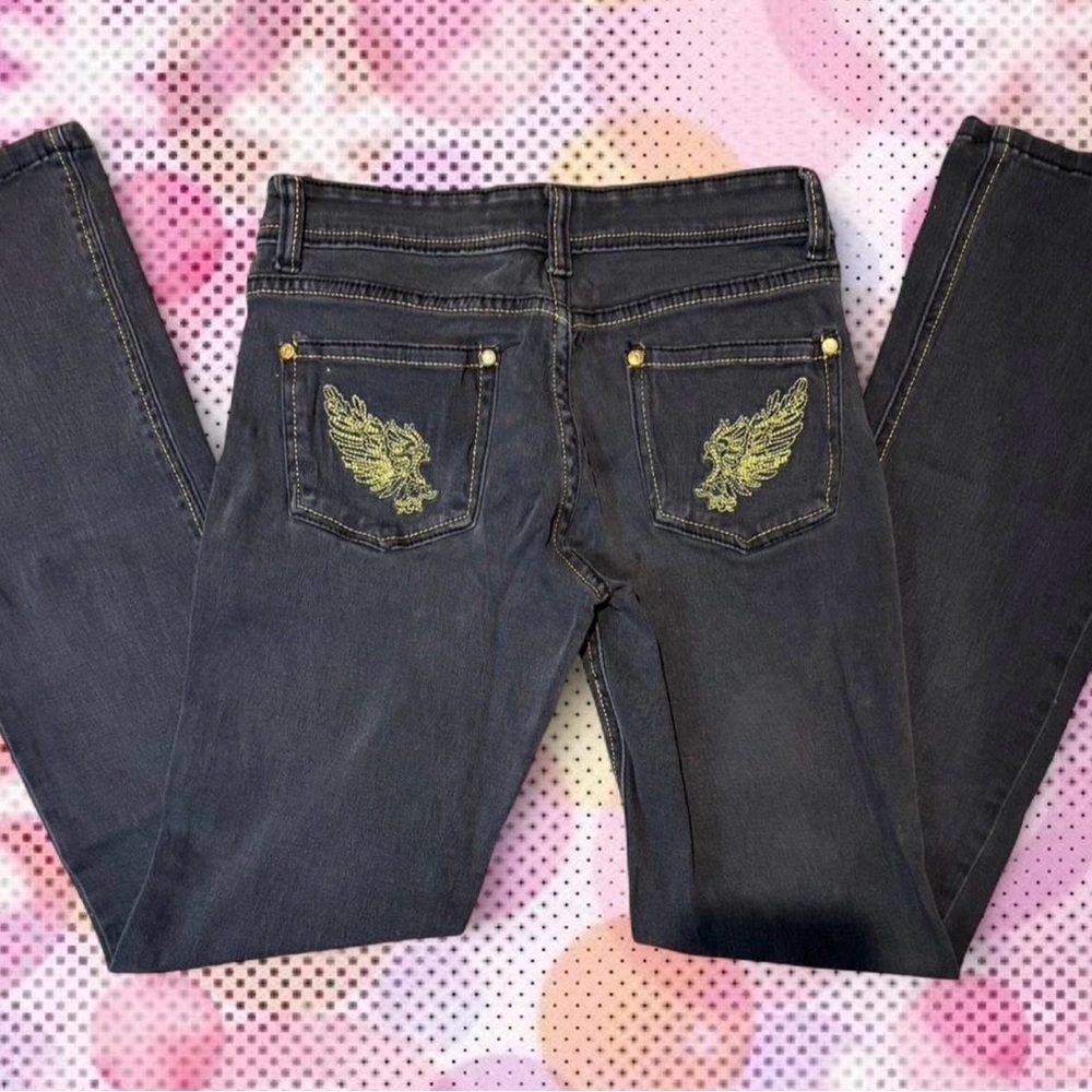 Y2K Vintage Gold wing embroidered Black Reload skinny Jeans 🔱💕🖤